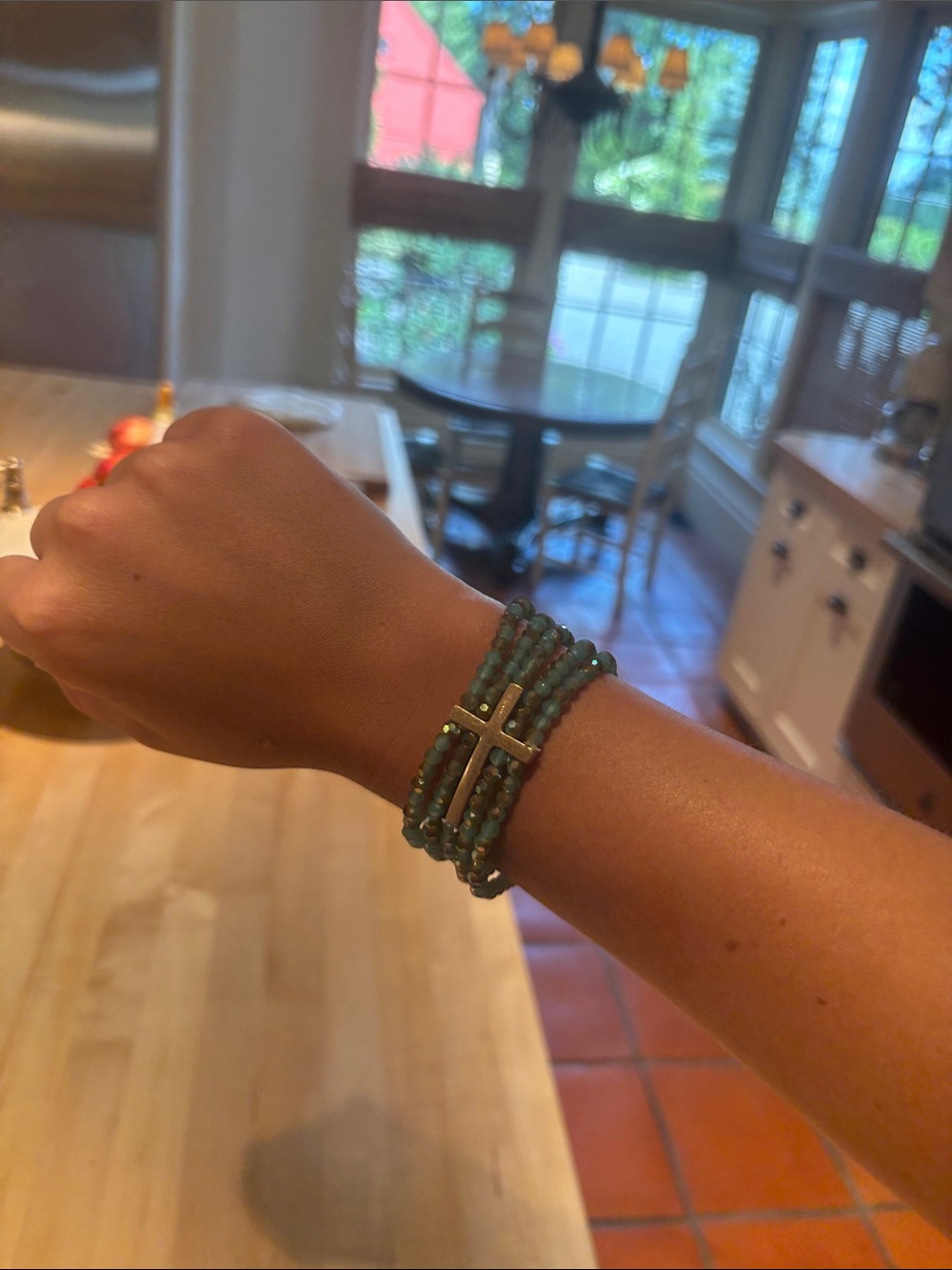 Beaded Cross Wrap Bracelet - Green